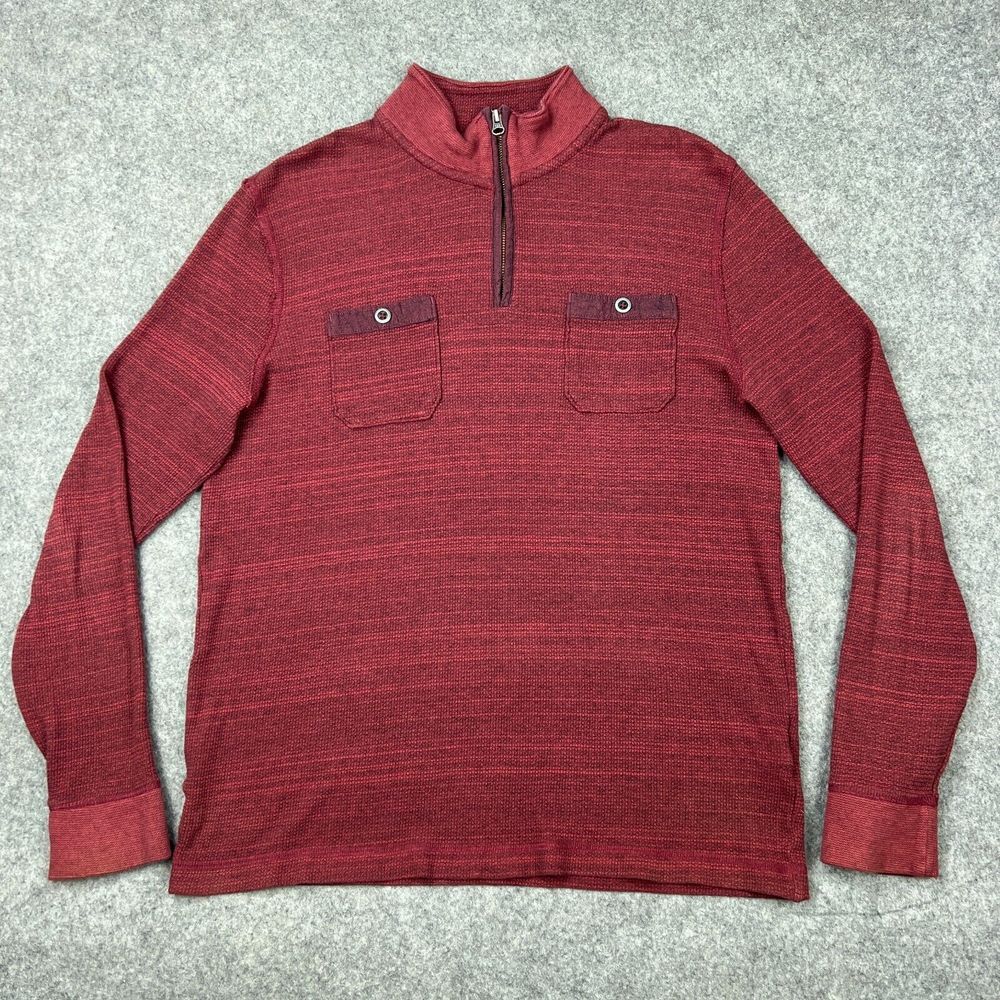 Lucky‎ Brand Sweater Mens Large Red Thermal 1/4 Zip Mock Neck Pullover Pockets - Picture 2 of 13